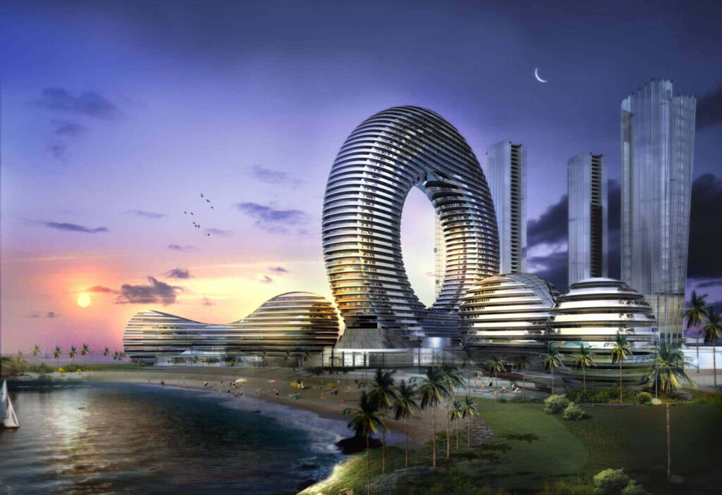 Stunning Futuristic Cityscape Wallpaper: Sunset Skyscrapers & Waterfront