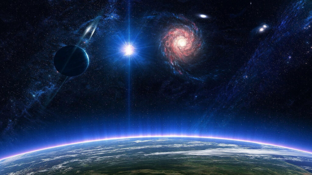 HD galaxy wallpaper with vibrant cosmic scene, stars, and Saturn-like planets above Earth.