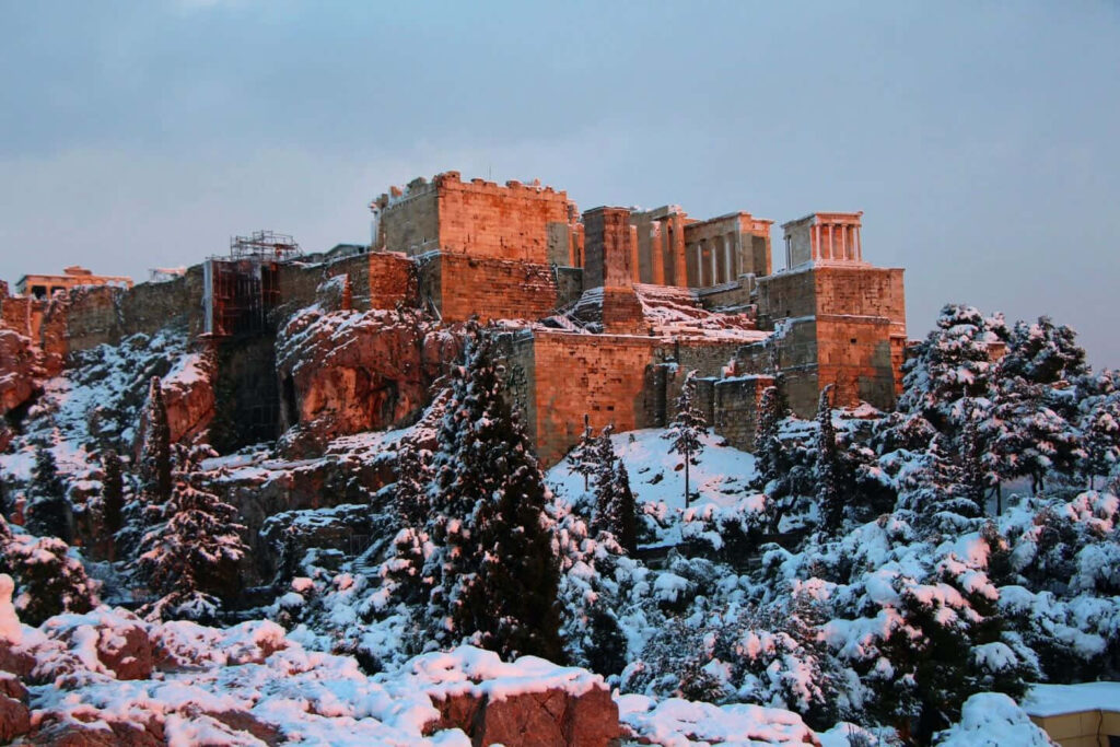 Breathtaking Greece Architecture Wallpaper: Snowy Trees & Sunlit Scene