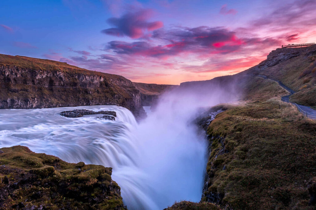 Stunning Gullfoss Waterfall Wallpaper: Sunset Over Iceland’s Cliffs