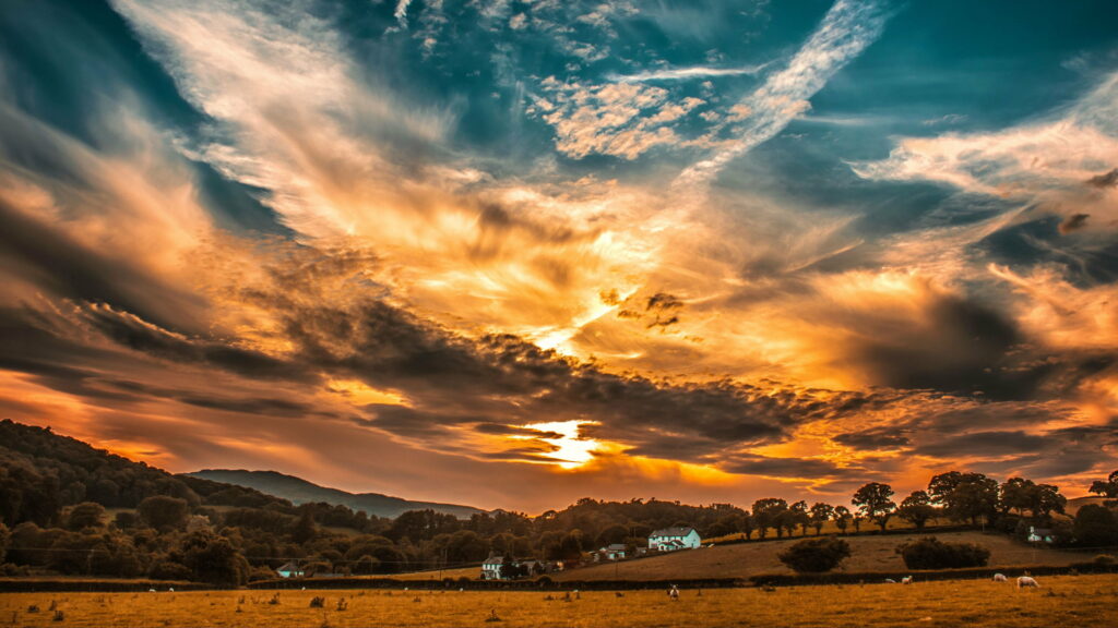 Breathtaking Sunset HD Wallpaper: Serene Countryside Landscape