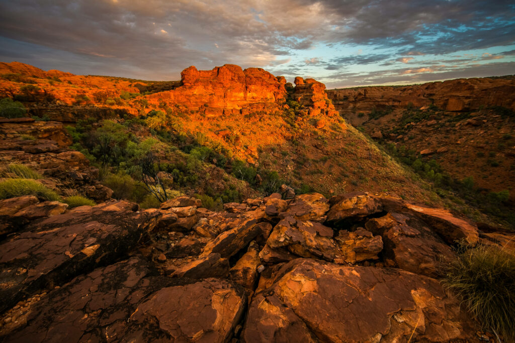 Breathtaking Kings Canyon Wallpaper: Red Rocks & Lush Greenery at Sunset