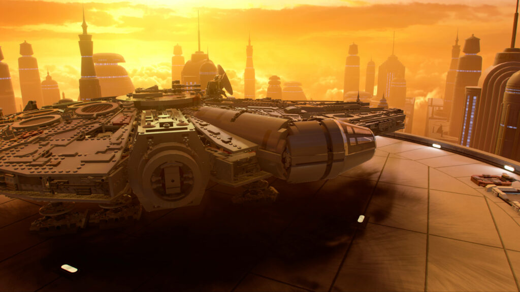Stunning Sunset Wallpaper: Lego Millennium Falcon & Futuristic City