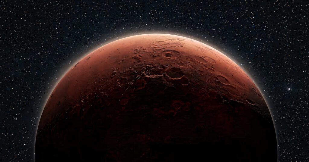 Stunning Mars Wallpaper: Reddish Craters Against Starry Galaxy Background