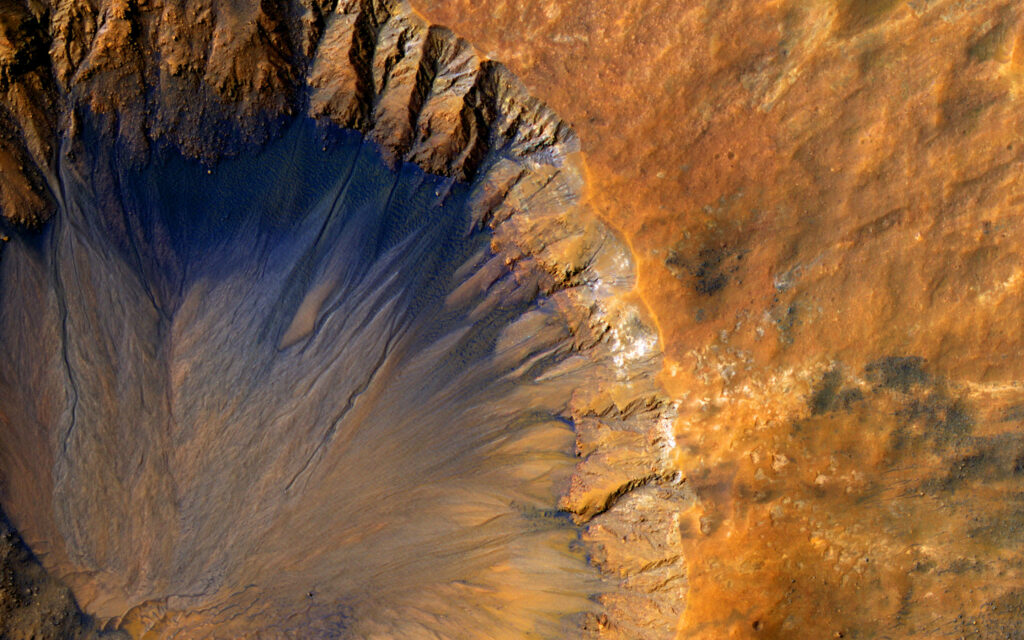 Breathtaking Martian Crater Aerial View: Colorful Wallpaper Background