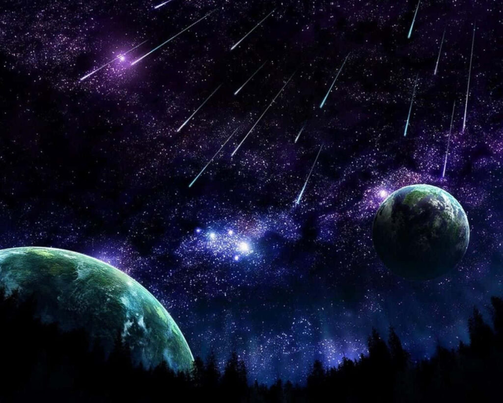 Vibrant Meteor Shower Wallpaper with Celestial Planets and Forest Silhouette