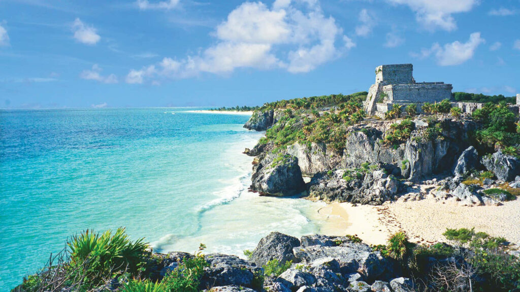 Breathtaking Mexican Beach Sunset with Turquoise Waters & Cliffs Wallpaper