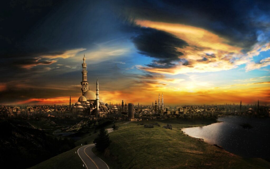 Breathtaking Mosque Sunset Wallpaper: Vibrant Cityscape Background