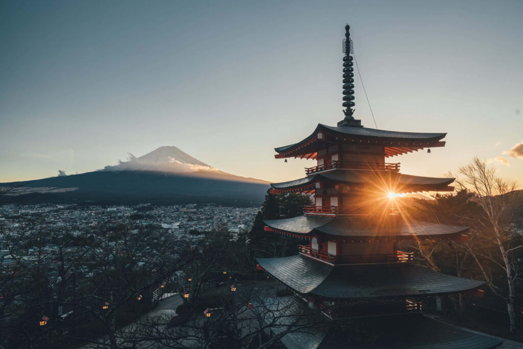 Breathtaking Mount Fuji Sunrise View with Chureito Pagoda Wallpaper