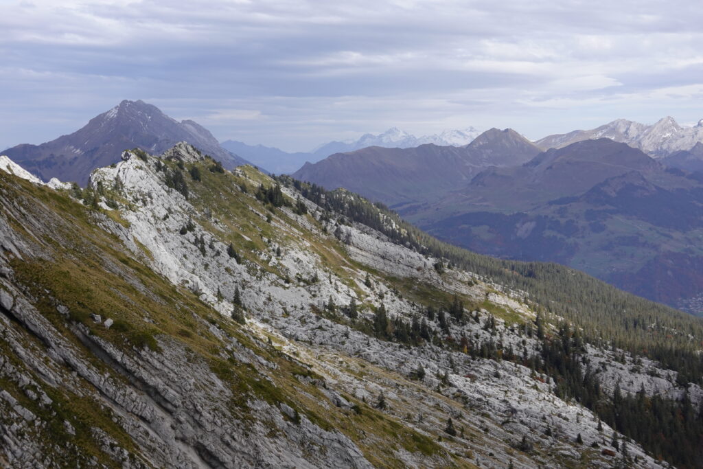 Breathtaking mountain landscape with rugged rocks lush trees and distant snow-capped peaks clouds Wallpaper