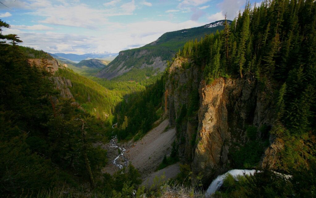 Mountain landscape with cascading river stream rocky cliffs dense green forest and distant peaks Wallpaper