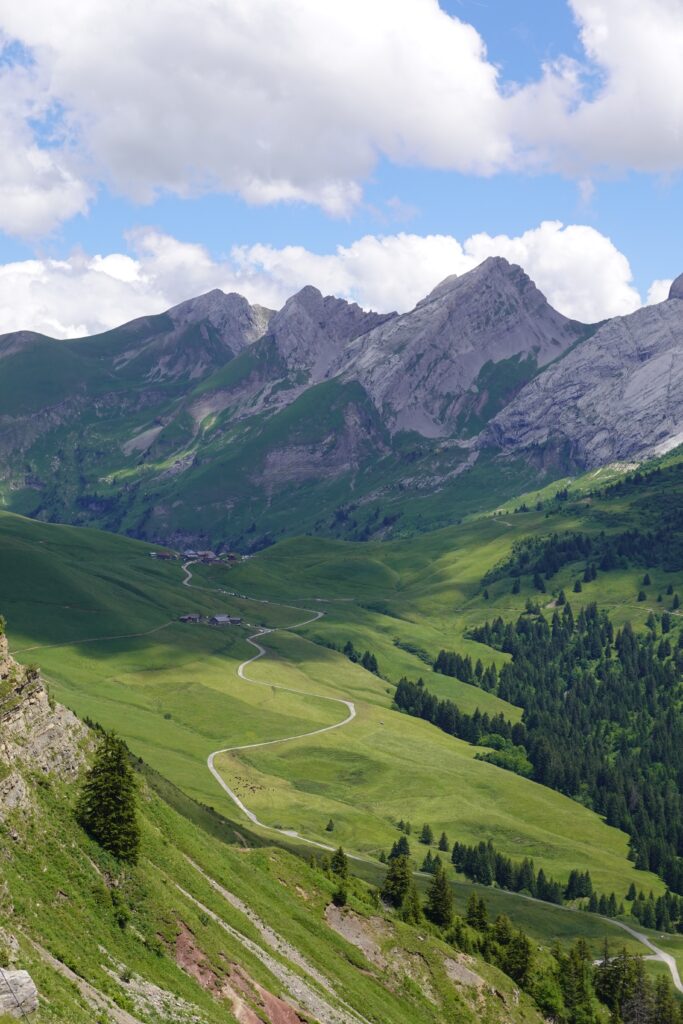Towering mountains over green valley with winding trail and cloudy sky nature wallpaper background