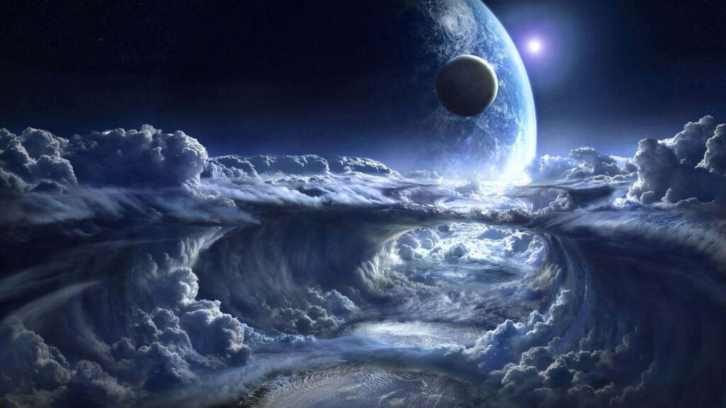 Surreal Mystical Planet Landscape with Dramatic Clouds - Wallpaper