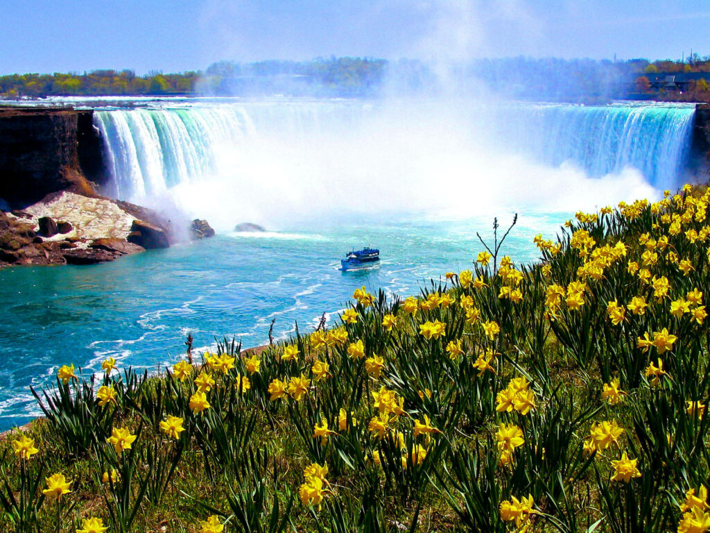Stunning Spring Niagara Falls: Vibrant Flowers & Turquoise Waters Wallpaper