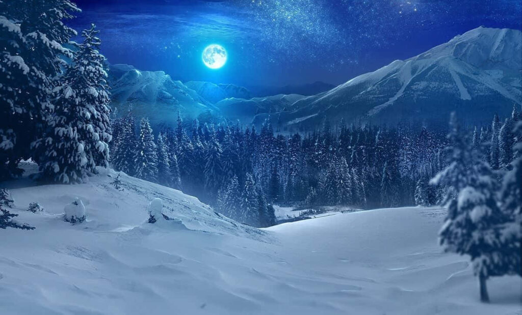 Glowing Full Moon Over Snowy Mountains: Night Scene Wallpaper