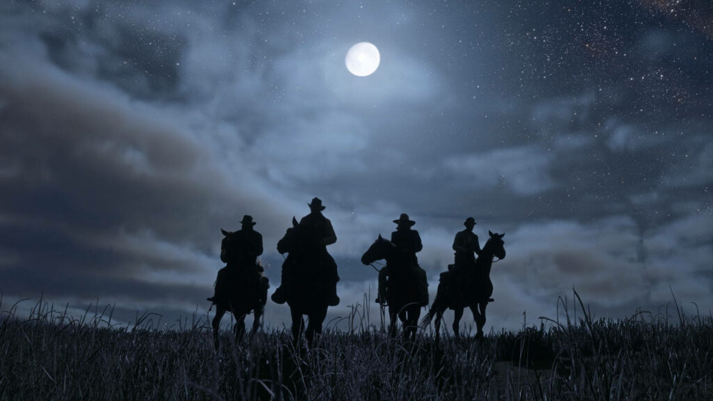 Breathtaking RDR2 Night Scene: Horses, Moon, and Adventure Wallpaper
