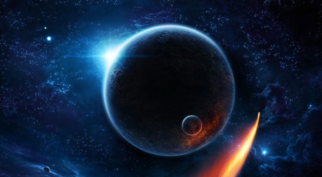 Stunning Cosmic Wallpaper: Large Planet, Moon, Stars & Nebula
