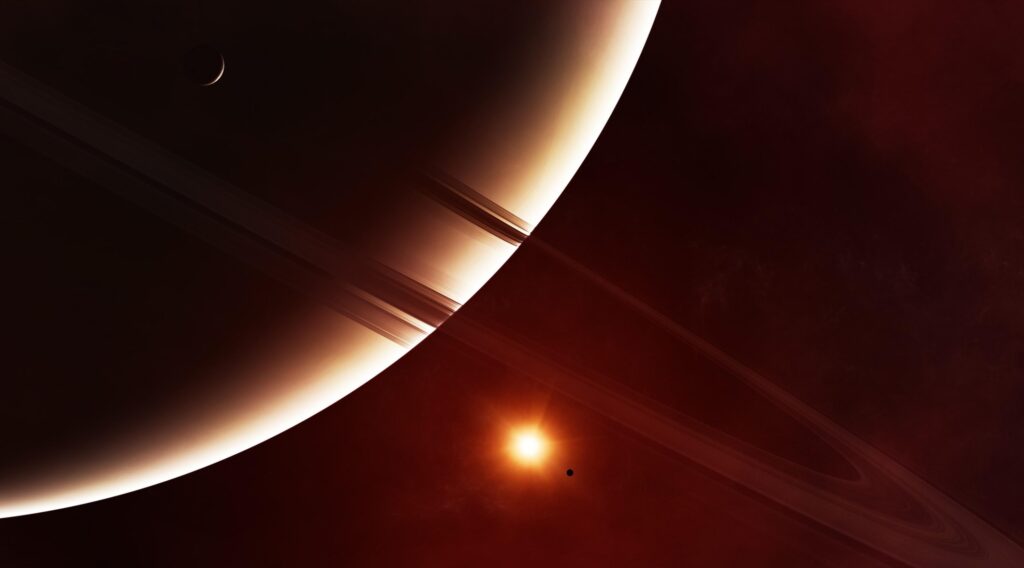 Breathtaking Planet Wallpaper with Elegant Rings & Glowing Satellite