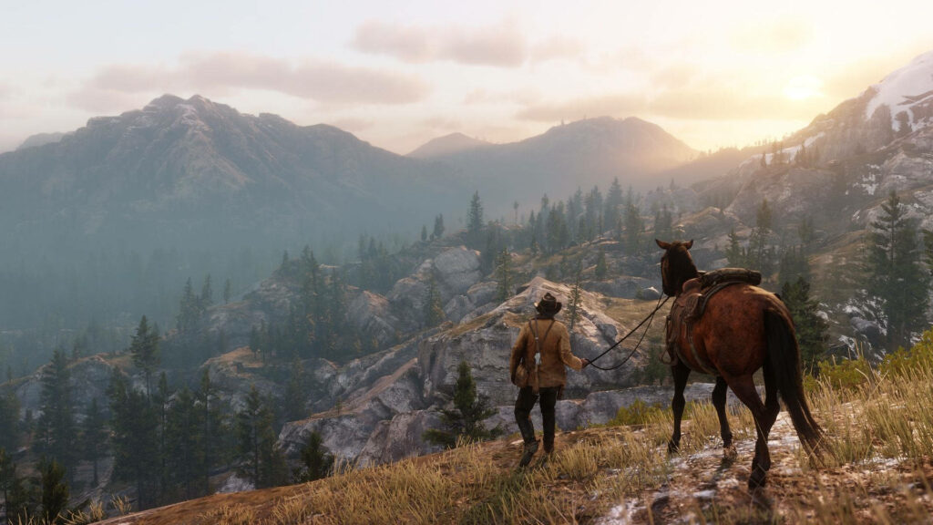 Breathtaking Red Dead Redemption 2 Cowboy Wallpaper at Sunset