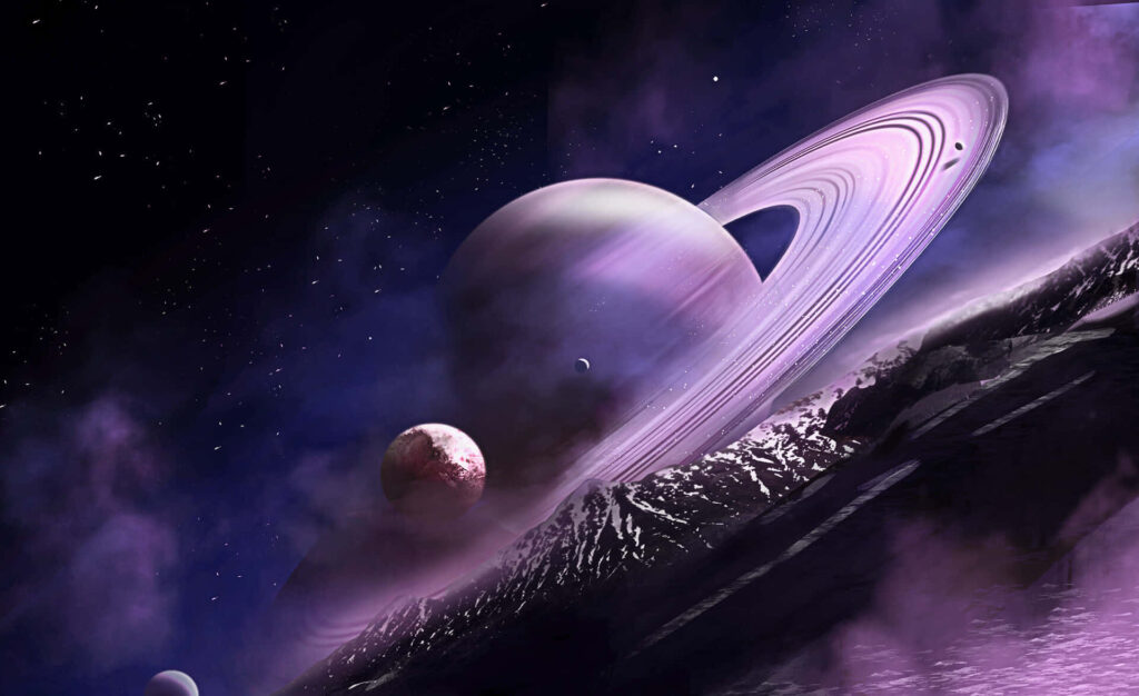 Breathtaking Saturn Wallpaper: Vibrant Cosmic Sky & Rugged Terrain