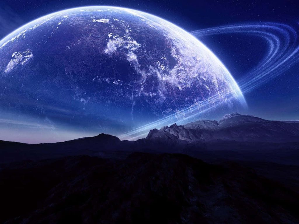 Massive ringed blue planet over jagged alien surface cosmic space art wallpaper background
