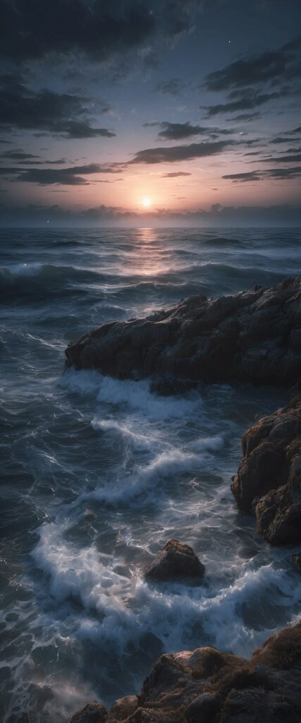 Seascape wallpaper with rugged rocks waves crashing and vibrant sunset horizon in blue and orange hues