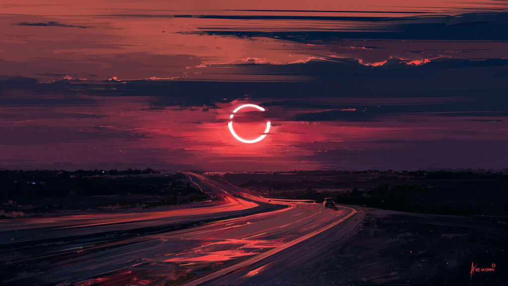 Breathtaking Solar Eclipse Wallpaper: Deserted Highway & Crimson Sky