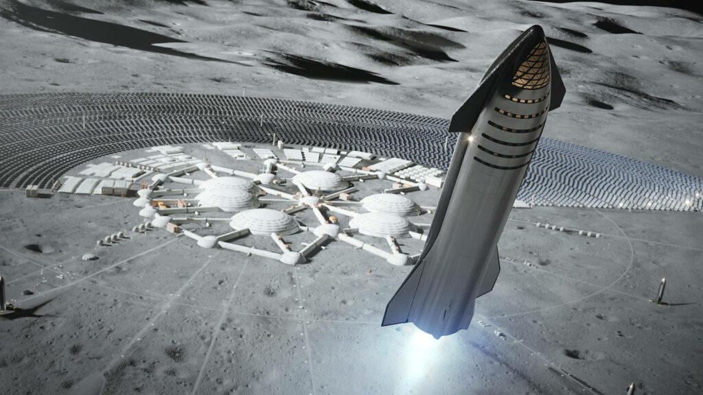 Futuristic Lunar Colony: SpaceX Starship Lift Off Wallpaper