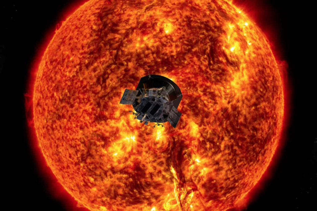 Stunning Spacecraft Approaching the Fiery Sun - Wallpaper Background