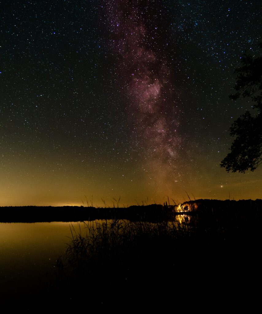 Starry night sky with Milky Way over calm lake reflections and grass silhouettes wallpaper background
