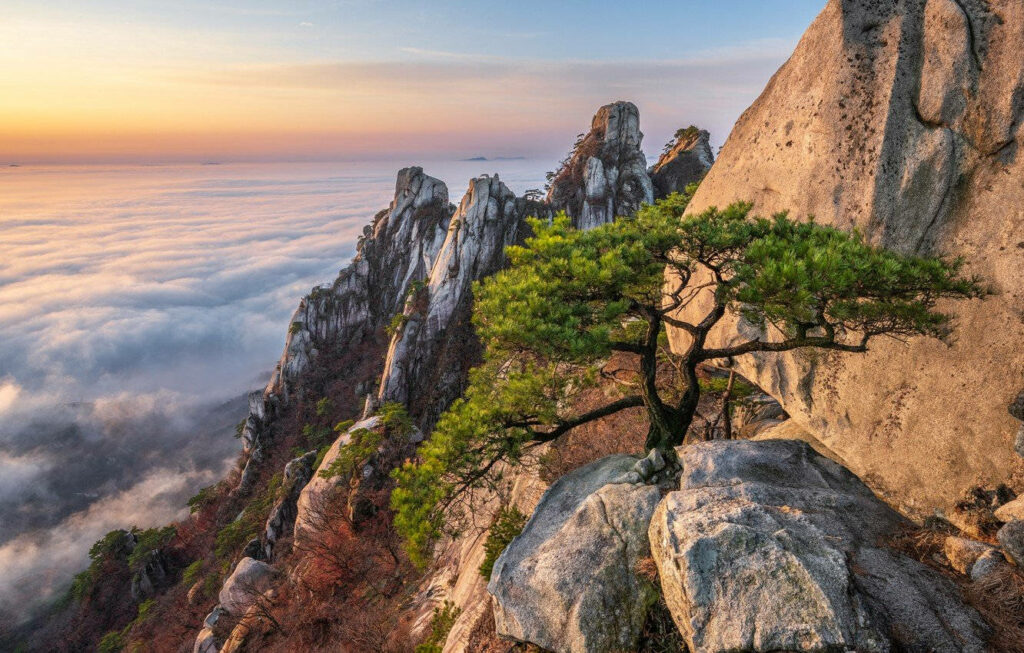 Breathtaking Sunrise Wallpaper: Rugged South Korea Mountainscape