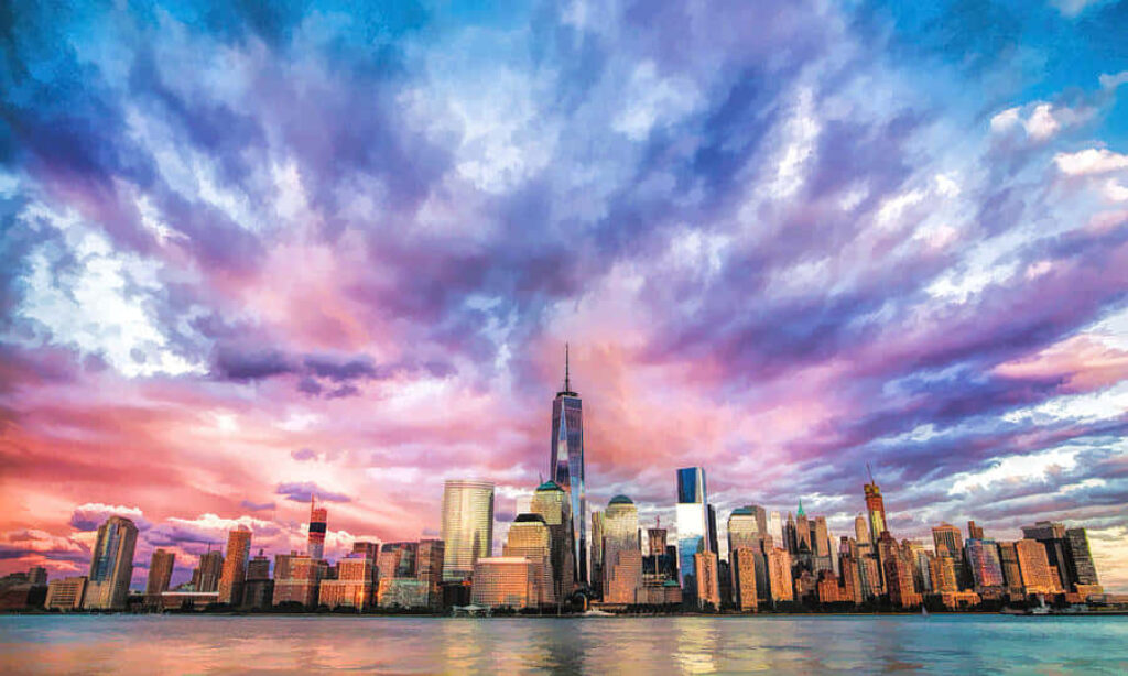 Vibrant Sunset Wallpaper: City Skyline Reflected in Calm Waters