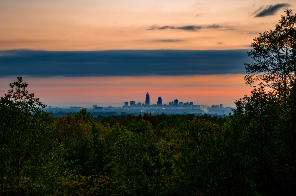 Serene Twilight City Skyline Wallpaper Surrounded by Lush Trees
