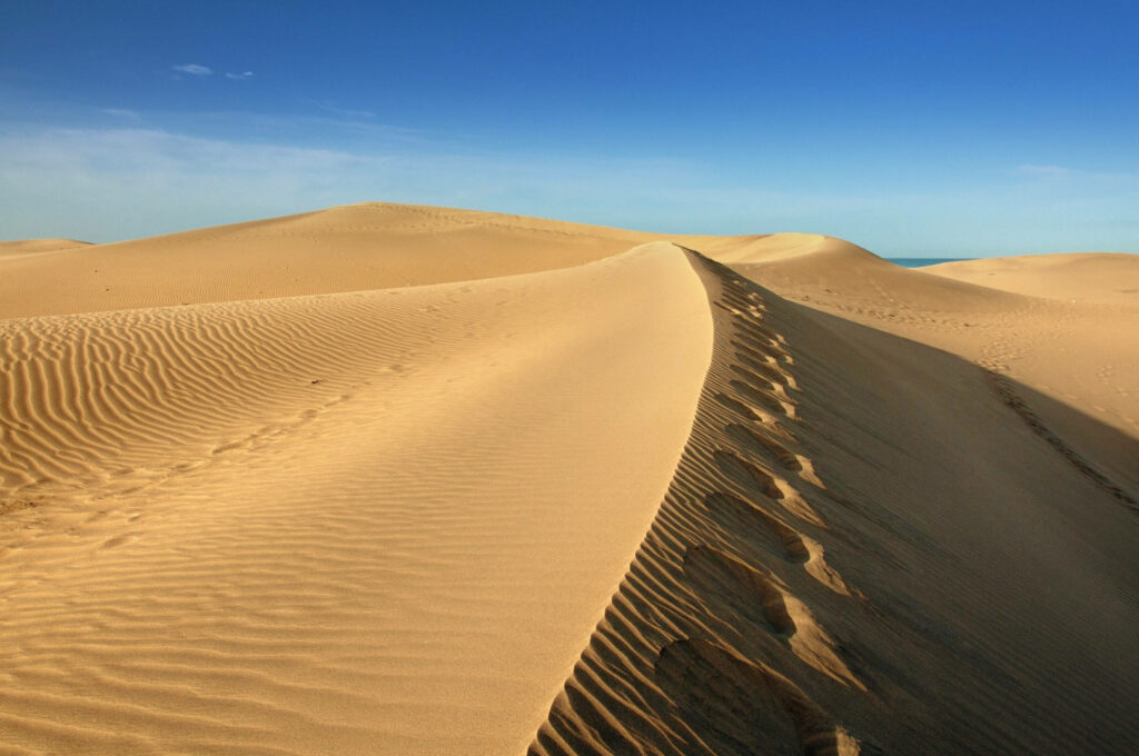 Stunning Golden Desert Dunes Wallpaper: Nature's Artistry in Blue Sky