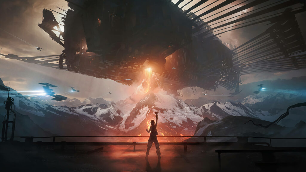 Breathtaking Wallpaper: Lone Man & Colossal Spaceship in Dramatic Landscape