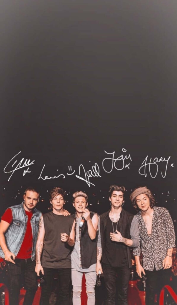 1D's Iconic Signature: Captivating iPhone Wallpaper Featuring Band Members and Group Portrait on Sleek Black Background
