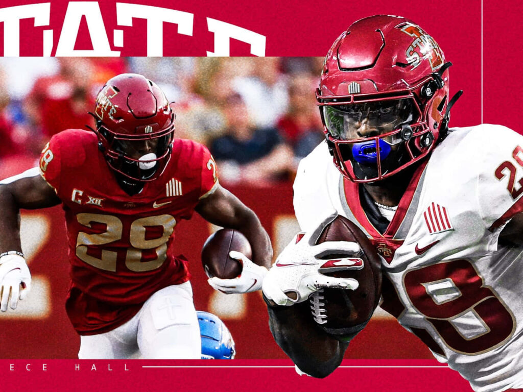 Breece Hall Iowa State football action wallpaper dynamic motion vibrant red white team colors