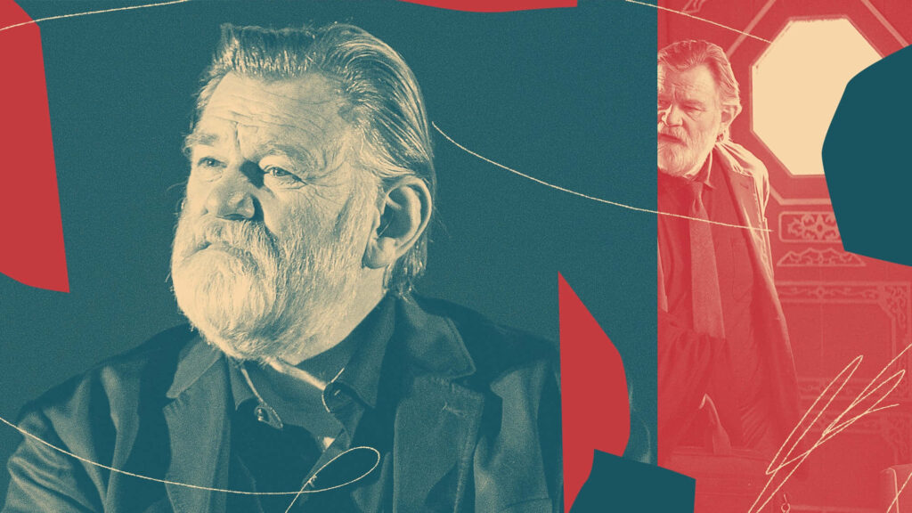 Brendan Gleeson artistic wallpaper vintage teal red tones abstract shapes cinematic collage background