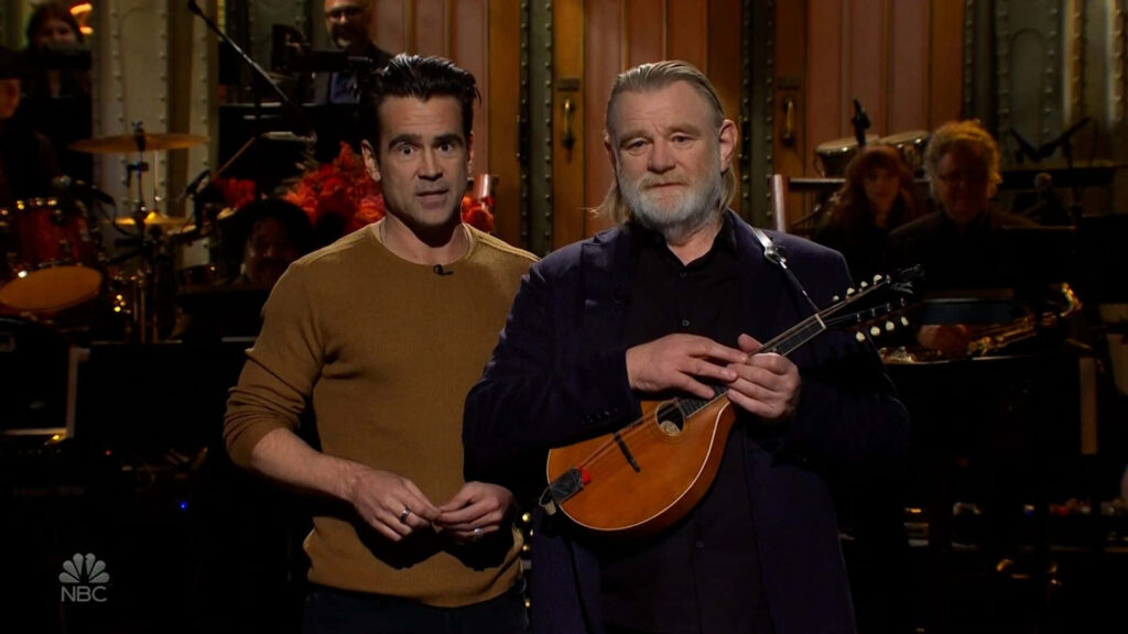 Brendan Gleeson and Colin Farrell on Saturday Night Live set with mandolin autumn decor live band Wallpaper