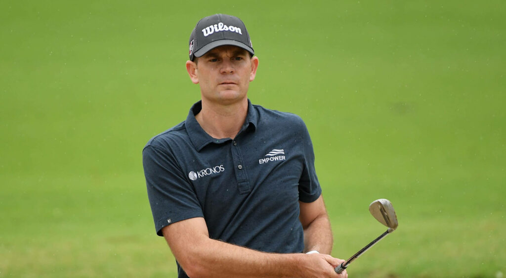 Brendan Steele mid-swing golf shot on lush green course high resolution PGA Tour wallpaper