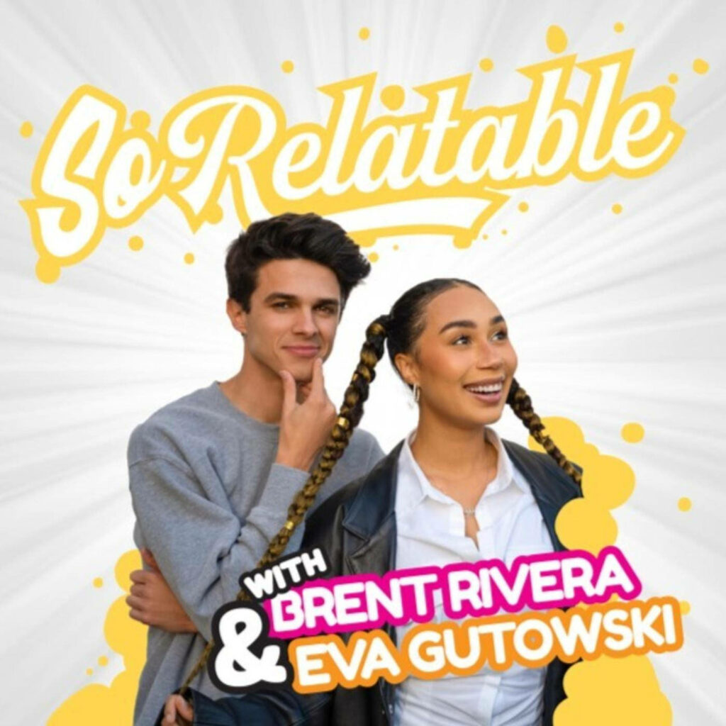 Brent Rivera and Eva Gutowski playful pose vibrant yellow white background fun energetic wallpaper