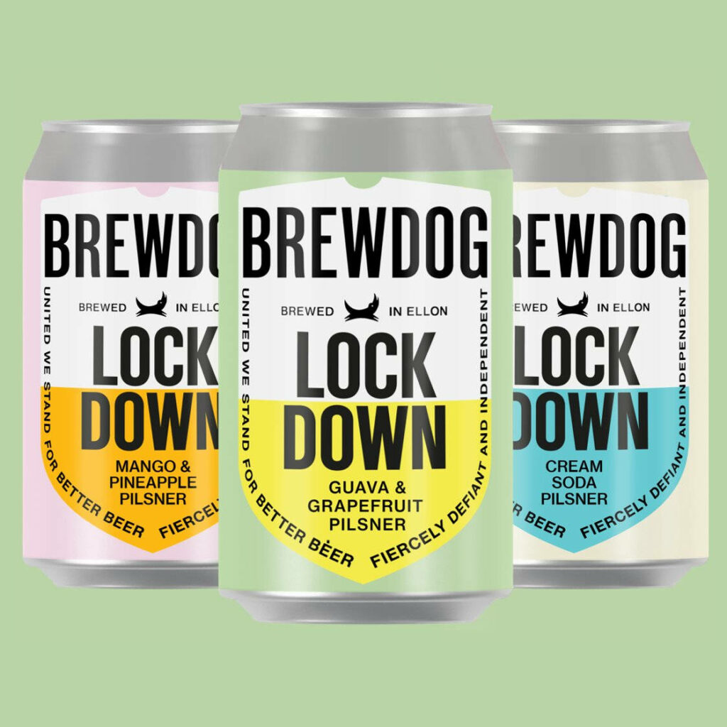BrewDog Lock Down Pilsner cans in mango pineapple guava grapefruit cream soda flavors wallpaper