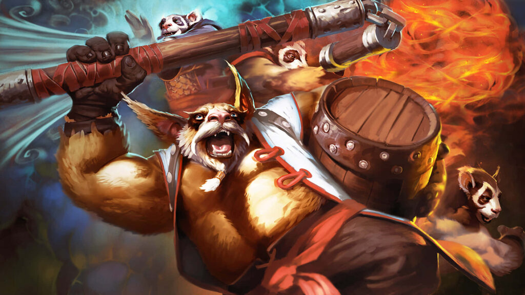 Brewmaster Unleashed with his Weapon and Barrel in Dota 2's Vibrant Digital Art! Wallpaper