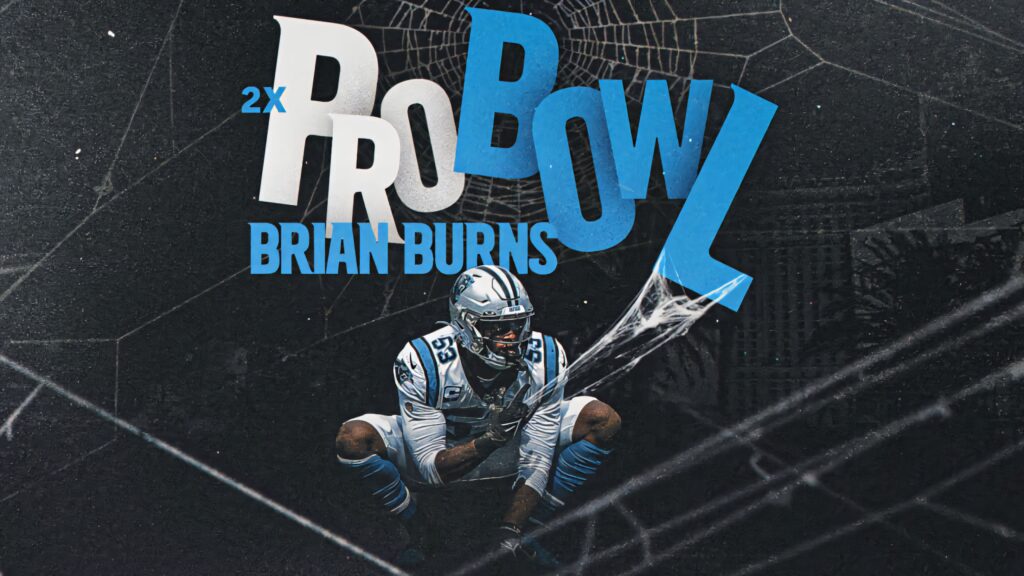 Brian Burns 2x Pro Bowl Carolina Panthers wallpaper action pose dark web background blue white text
