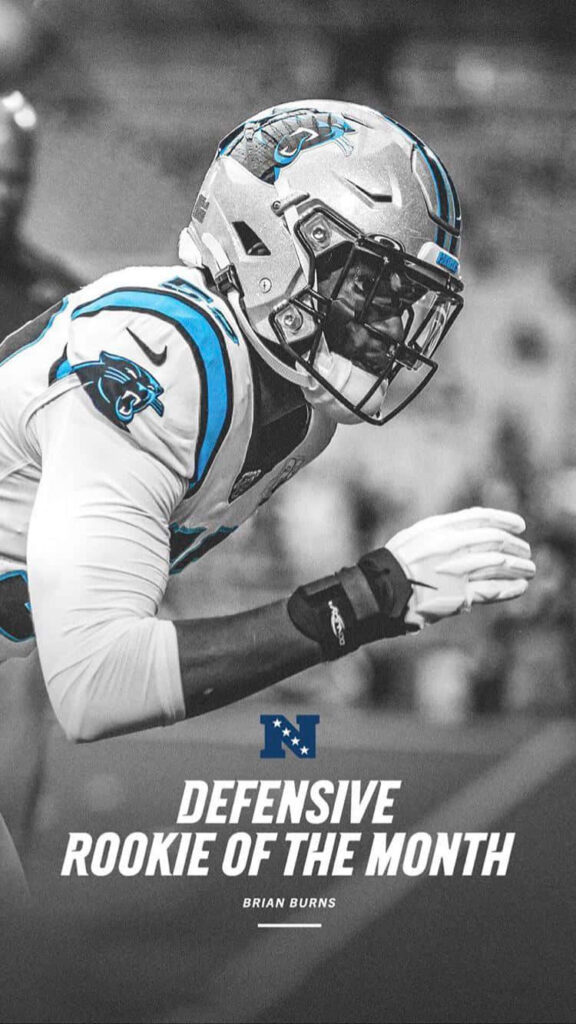Brian Burns Defensive Rookie of the Month wallpaper in Carolina Panthers colors with bold typography