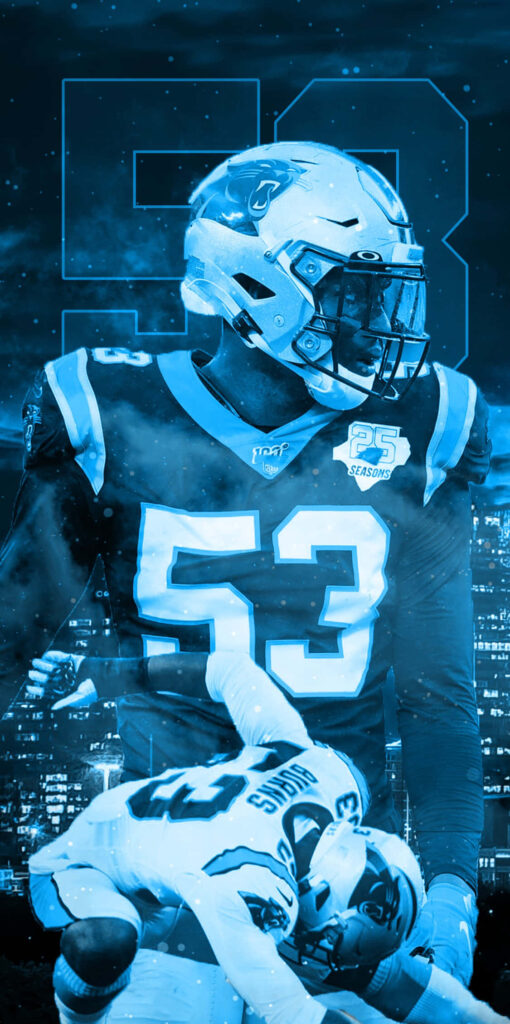 Brian Burns Carolina Panthers linebacker in number 53 jersey with blue cityscape football wallpaper