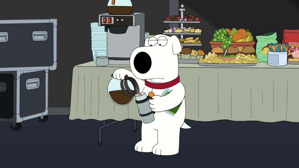 Brian Griffin from Family Guy refilling coffee by snack-filled table and coffee machine wallpaper