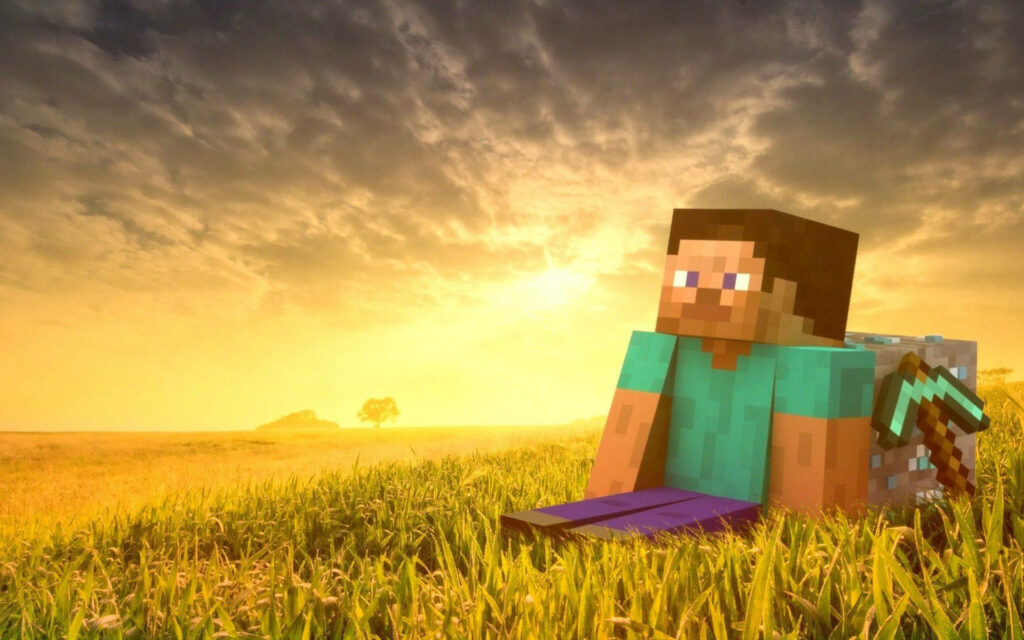 Brick Man Relaxing in Minecraft's Lush Grassland - Captivating 4k Minecraft Scenery Wallpaper