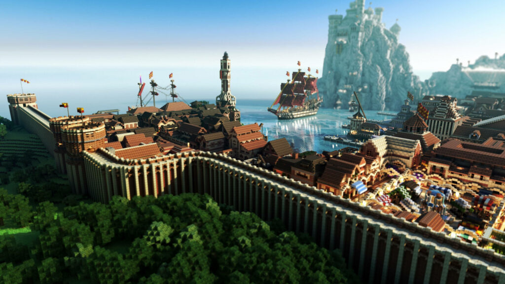 Brick Village Enclosed by Imposing Wall: Immersive 4k Minecraft Background Wallpaper