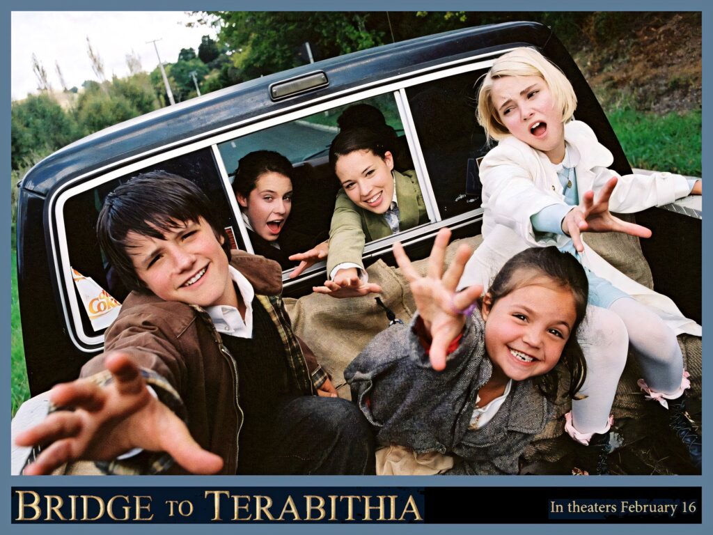 Bridge to Terabithia cast smiling in pickup truck outdoors vibrant adventure childhood friendship Wallpaper